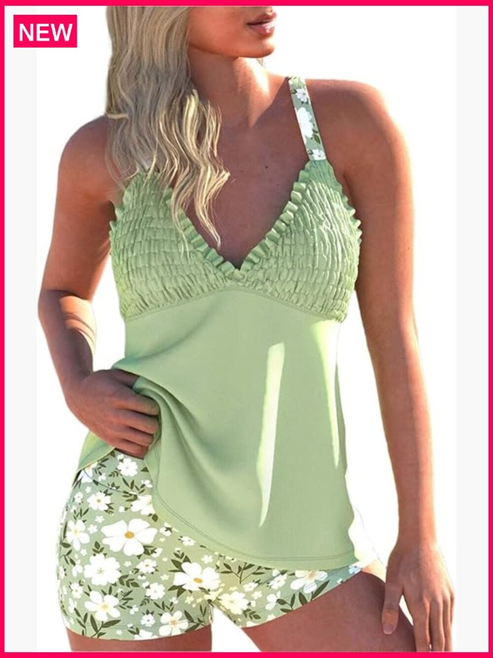Womens Tankini Bathing Suit Two Piece Smocked Swim Dress with Board Shorts